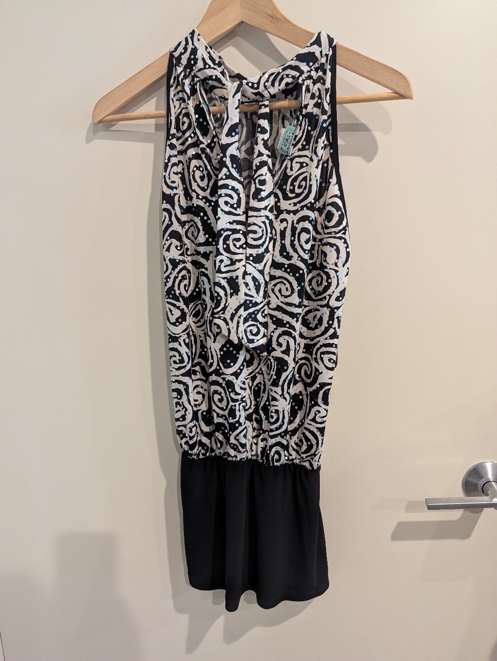 White & Black Swirl Sequin Dress with Teal Brand Tag
